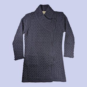 Aran Sweater Market | Women's Pure Wool Chunky Aran Jacket Side Zip Navy Large